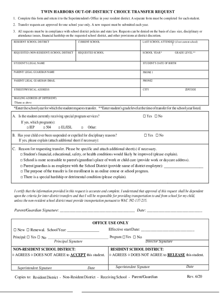 Fillable Online twin harbors outofdistrICT choice transfer request