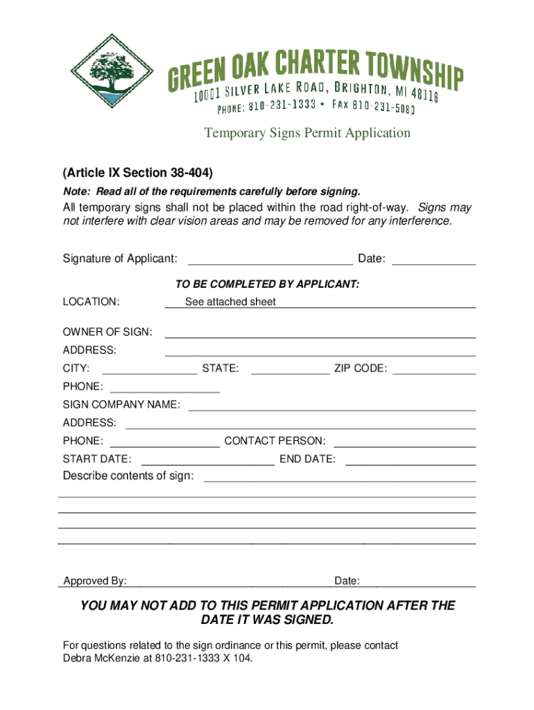 Fillable Online Temporary Signs Permit Application Fax Email Print