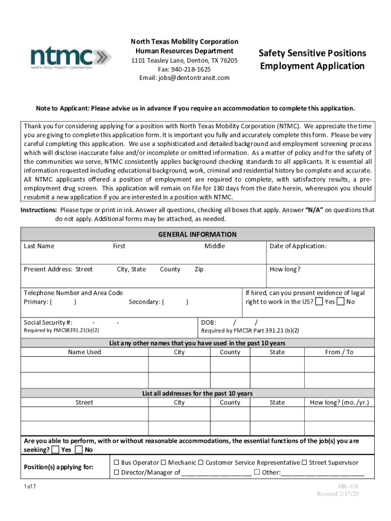Fillable Online Safety Sensitive Positions Employment Application Fax