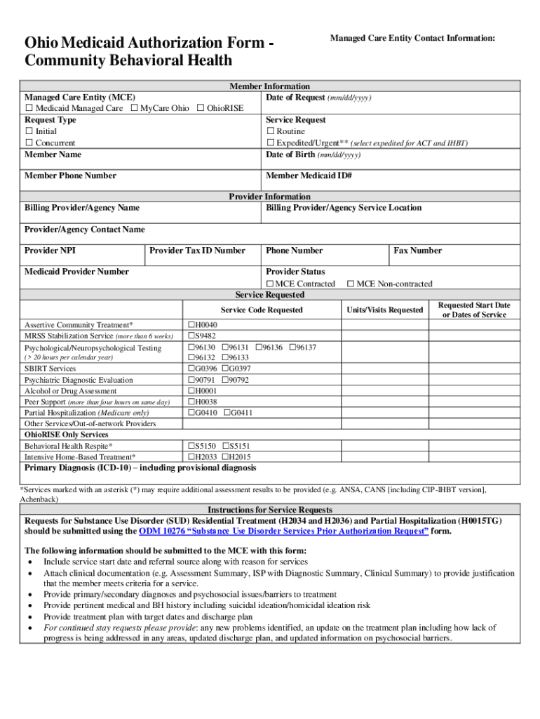 Fillable Online Ohio Medicaid Authorization Form Community Behavioral
