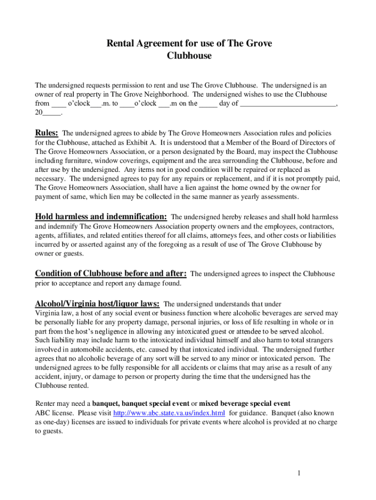 Fillable Online Rental Agreement for use of The Grove The Grove