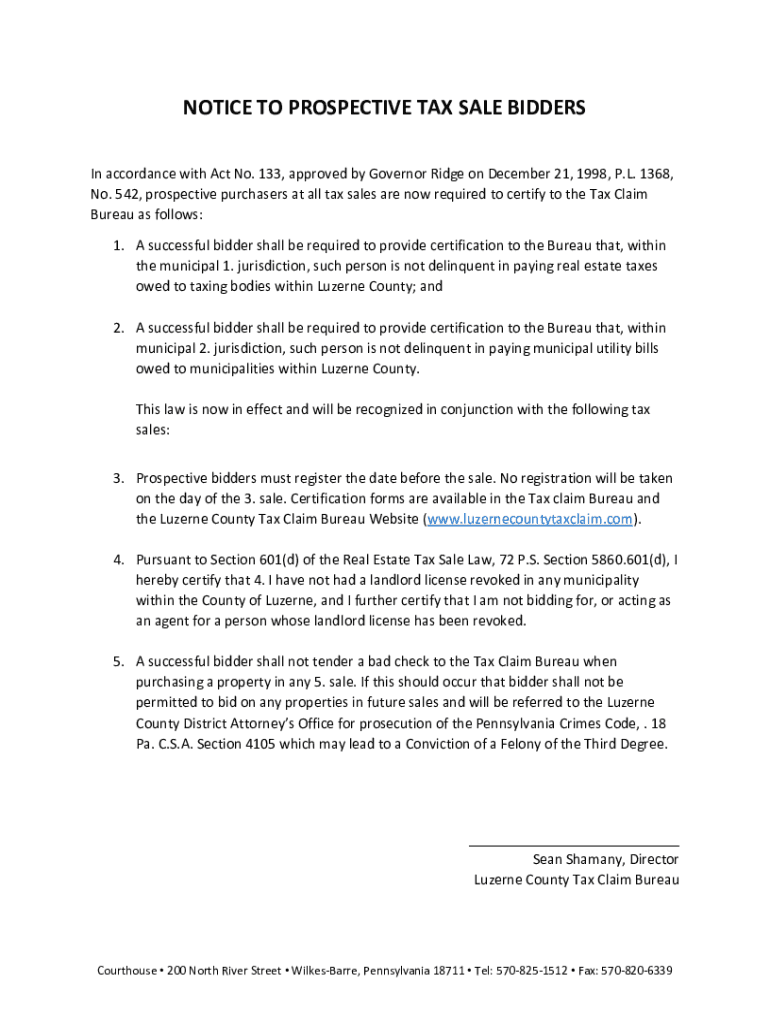 Fillable Online Upset Sale Listing Luzerne County Tax Claim Bureau Fax