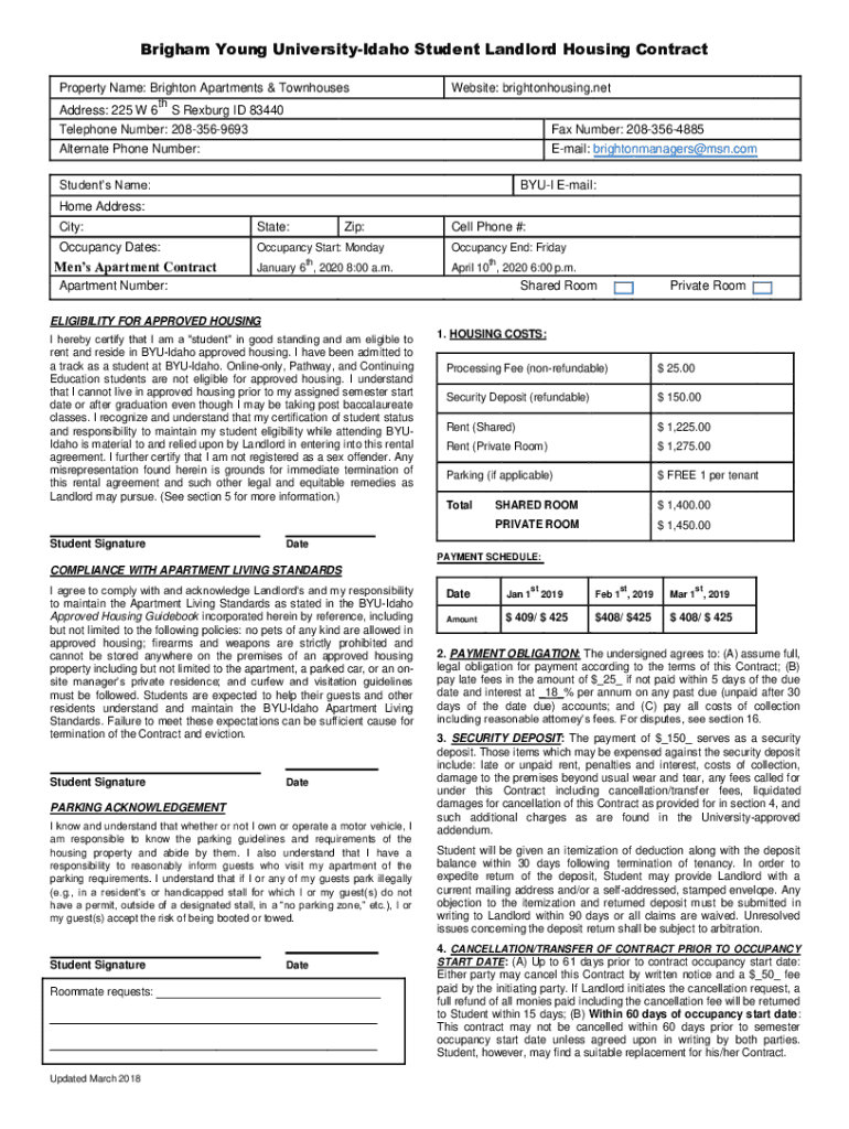 Fillable Online BYUIdaho Approved Housing Contact Fax Email Print