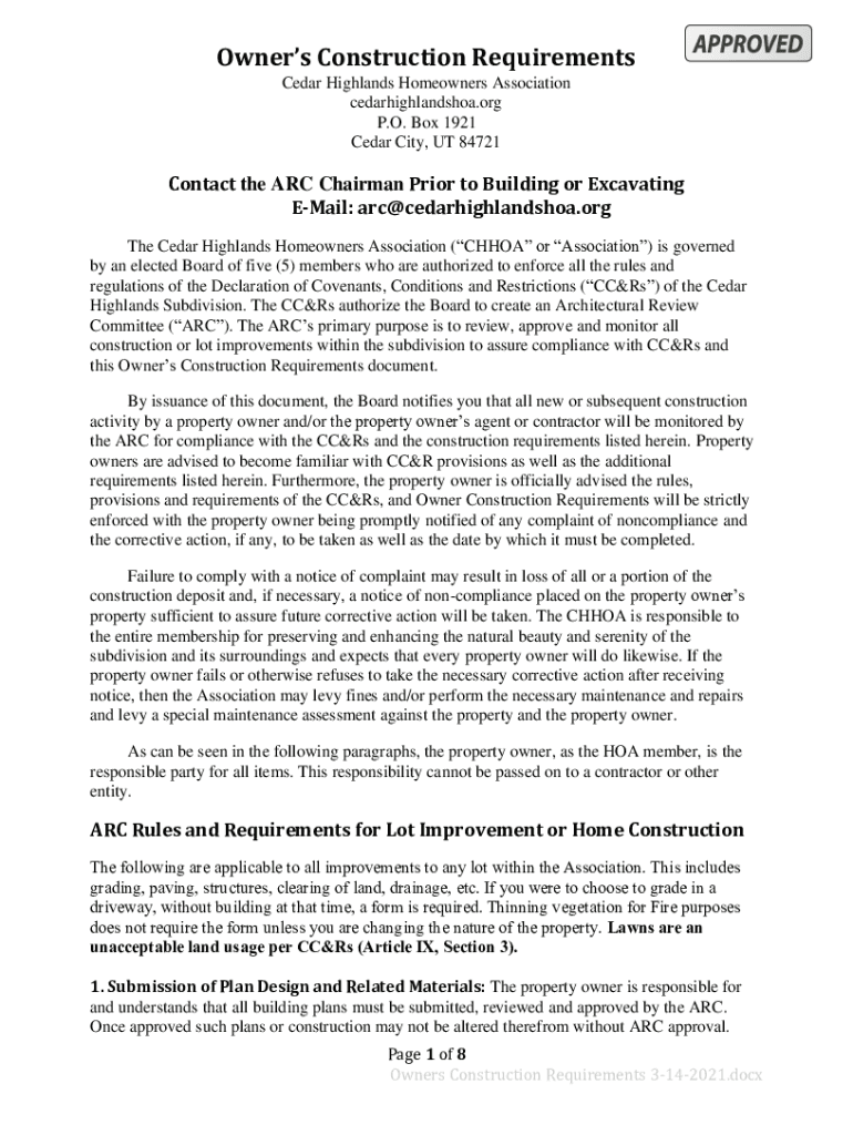 Fillable Online ARCCedar Highlands Home Owners Association Fax Email