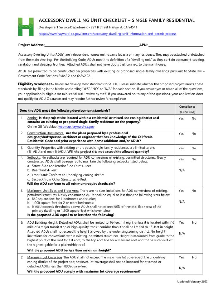Fillable Online ADU Zoning Guide for Hayward, CA Check Your Address