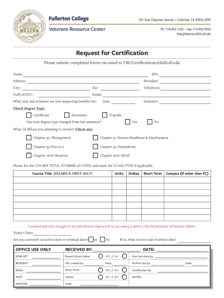 Fillable Online veterans fullcoll Fullerton College Veteran Forms Fax Email Print pdfFiller