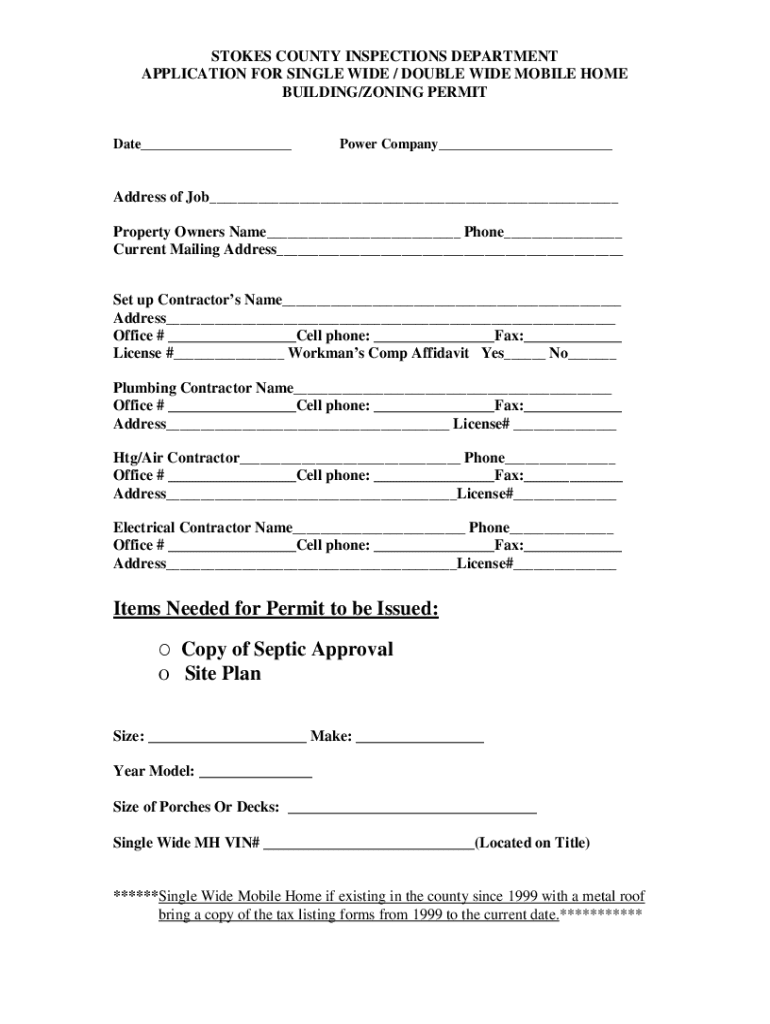 Fillable Online Manufactured Home Requirements Stokes County, NC Fax