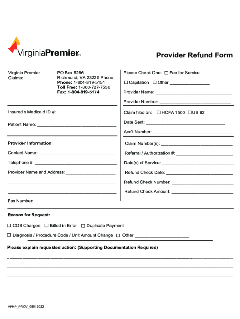 Fillable Online Virginia Premier Provider Claims Refund Form. Provider