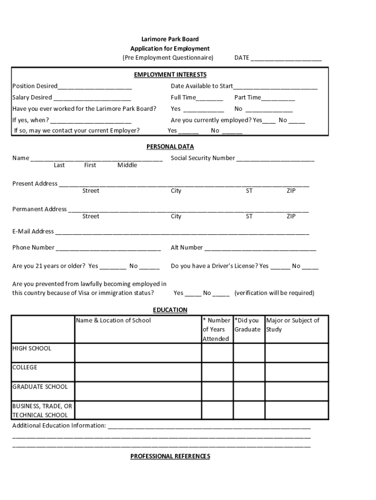 Fillable Online Have you ever worked for the Larimore Park Board? Yes Fax Email Print pdfFiller