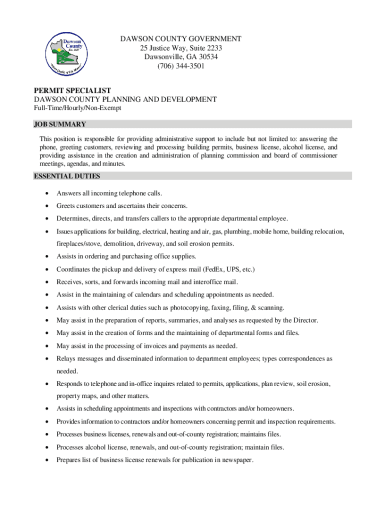 Fillable Online permit specialist dawson county planning and