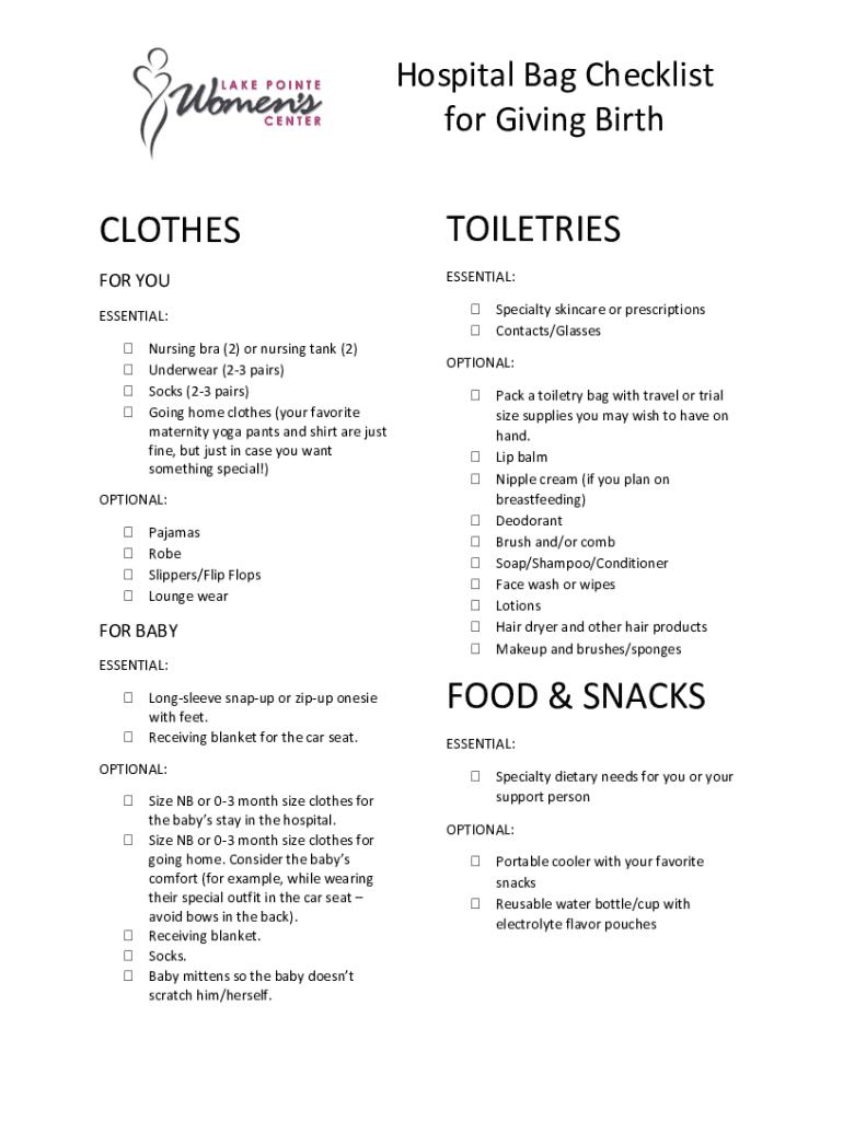 Fillable Online Pregnancy Hospital Bag Checklist What to Pack in Your