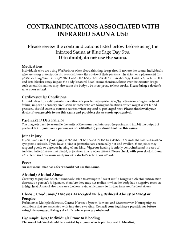 Fillable Online Contraindications for Infrared Sauna When NOT to Use Fax Email Print