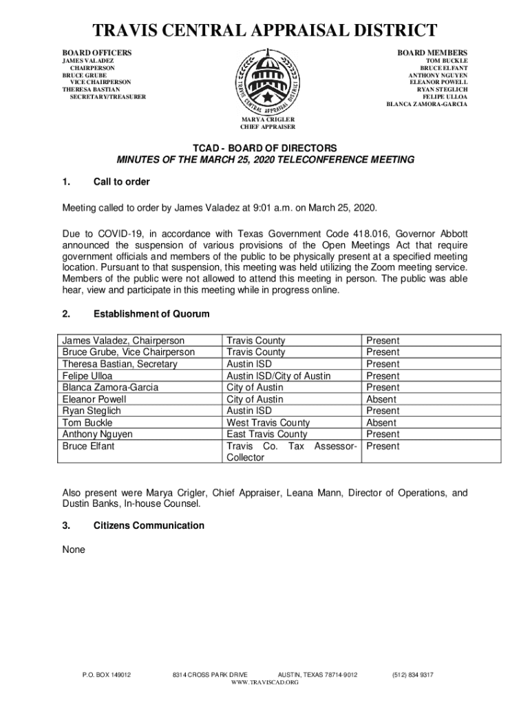 Fillable Online travis central appraisal district board officers Fax
