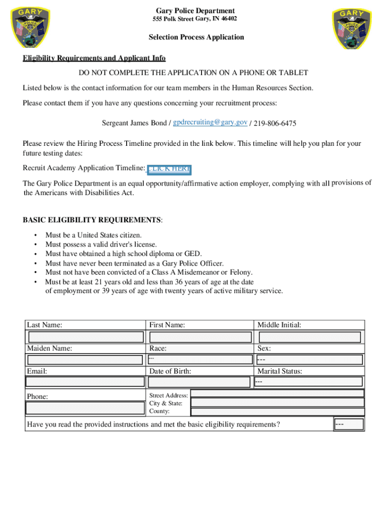 Fillable Online Gary Police Department Selection Process Application