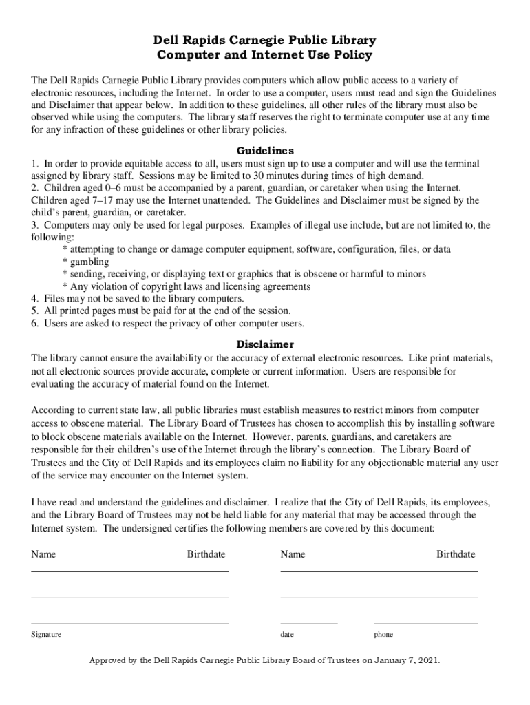 Fillable Online Dell Rapids Carnegie Public Library Computer and