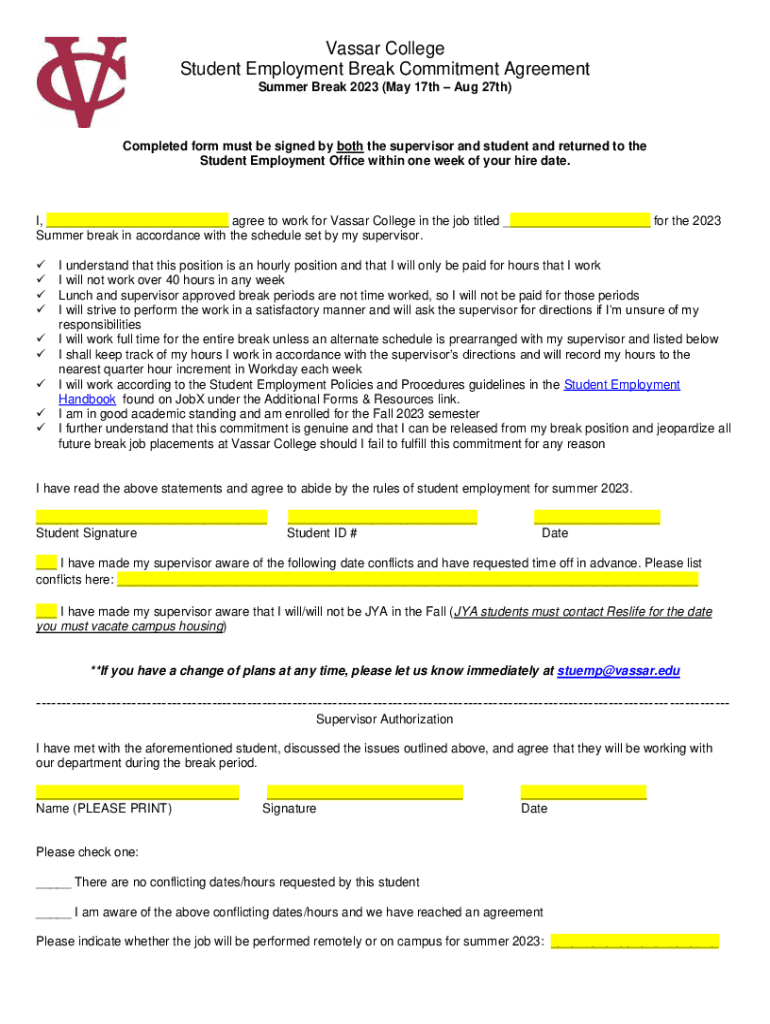Fillable Online Vassar College Student Employment Student FAQ's Fax Email Print pdfFiller