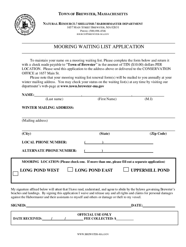 Fillable Online MOORING WAITING LIST APPLICATION Fax Email Print