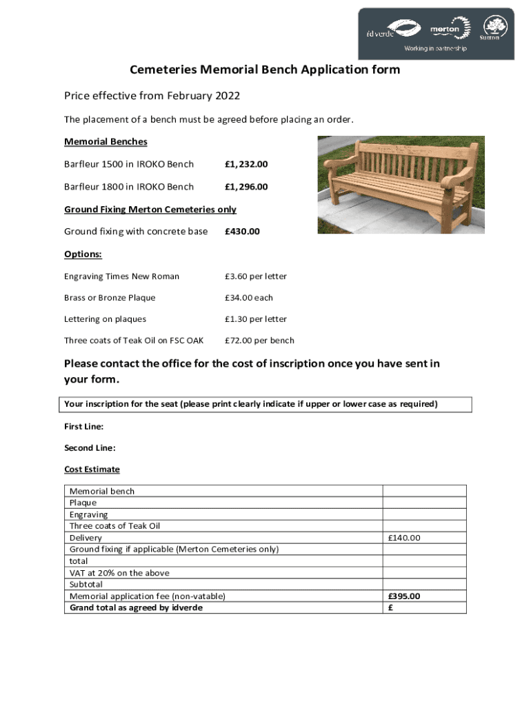 Fillable Online Cemetery memorial bench application form Fax Email