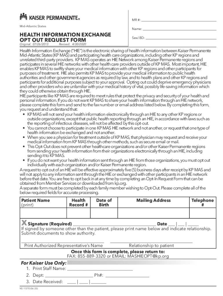 Fillable Online MidAtlantic States Health Information Exchange Opt Out