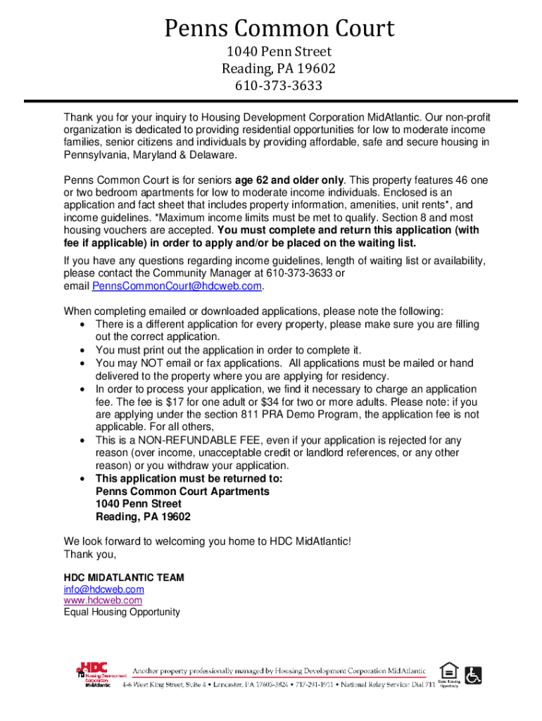 Fillable Online Penns Common Court Apartments 1040 Penn St Reading