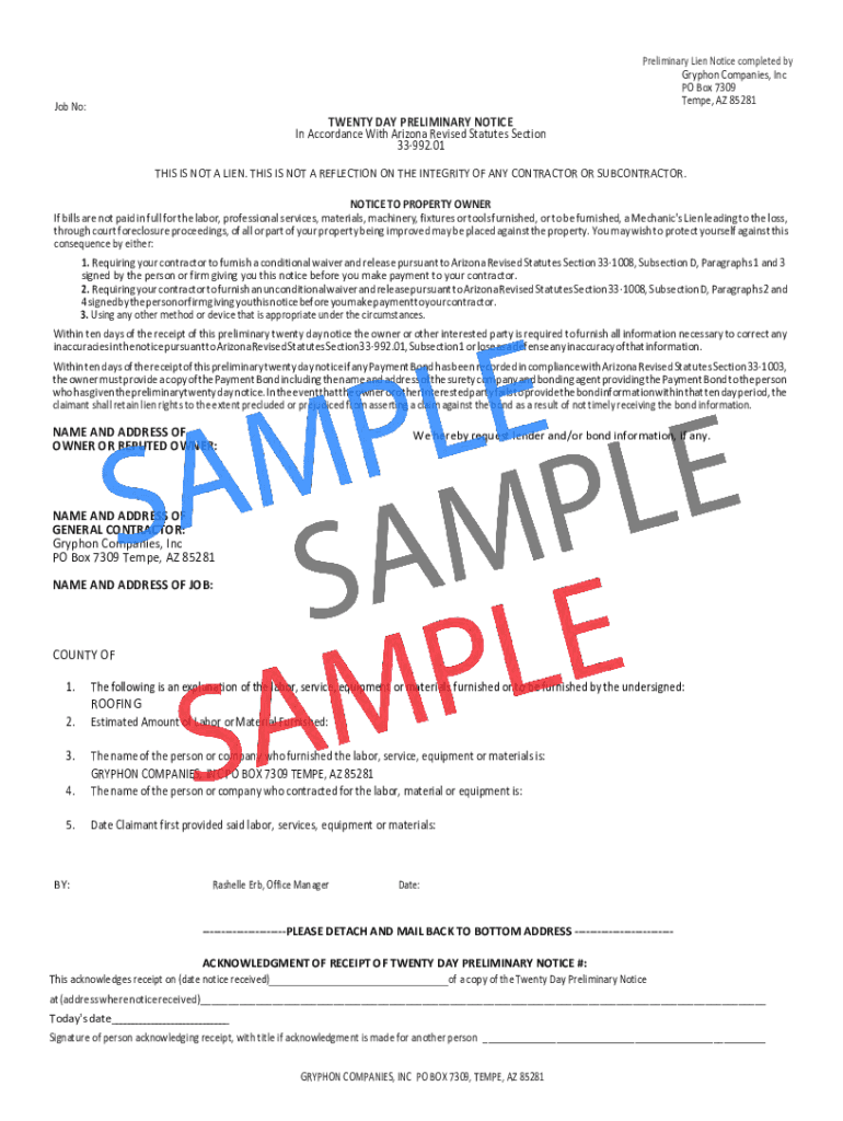 Fillable Online Arizona Preliminary 20day notices, Lien and Bond Claim