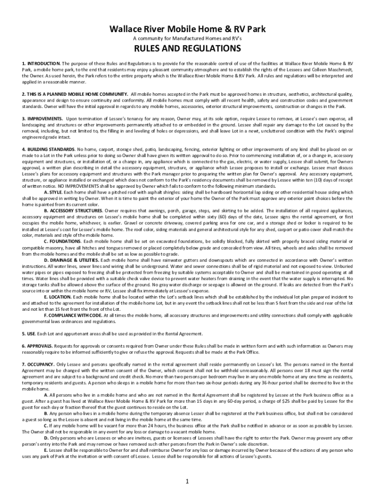 Fillable Online Wallace River Mobile Home & RV Park RULES AND