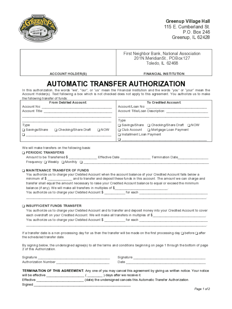 Fillable Online Automatic Transfer Authorization. Village of Greenup