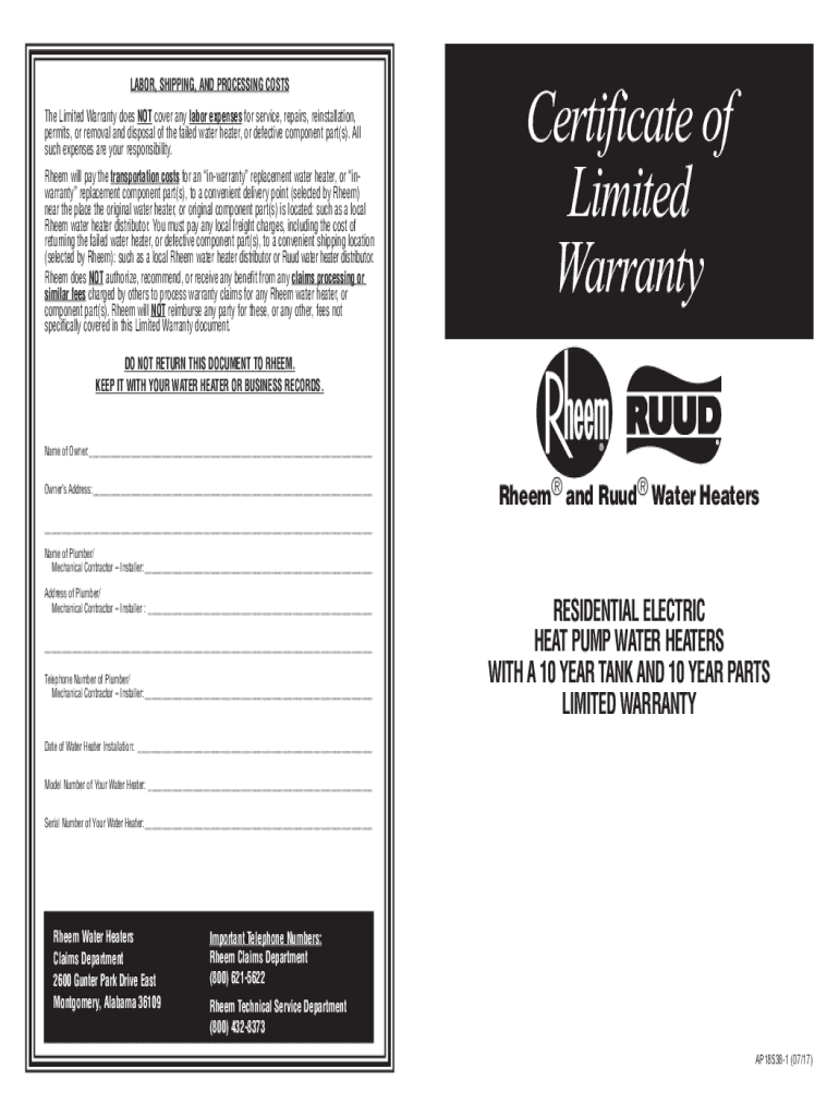 Fillable Online The Limited Warranty does NOT cover any labor expenses