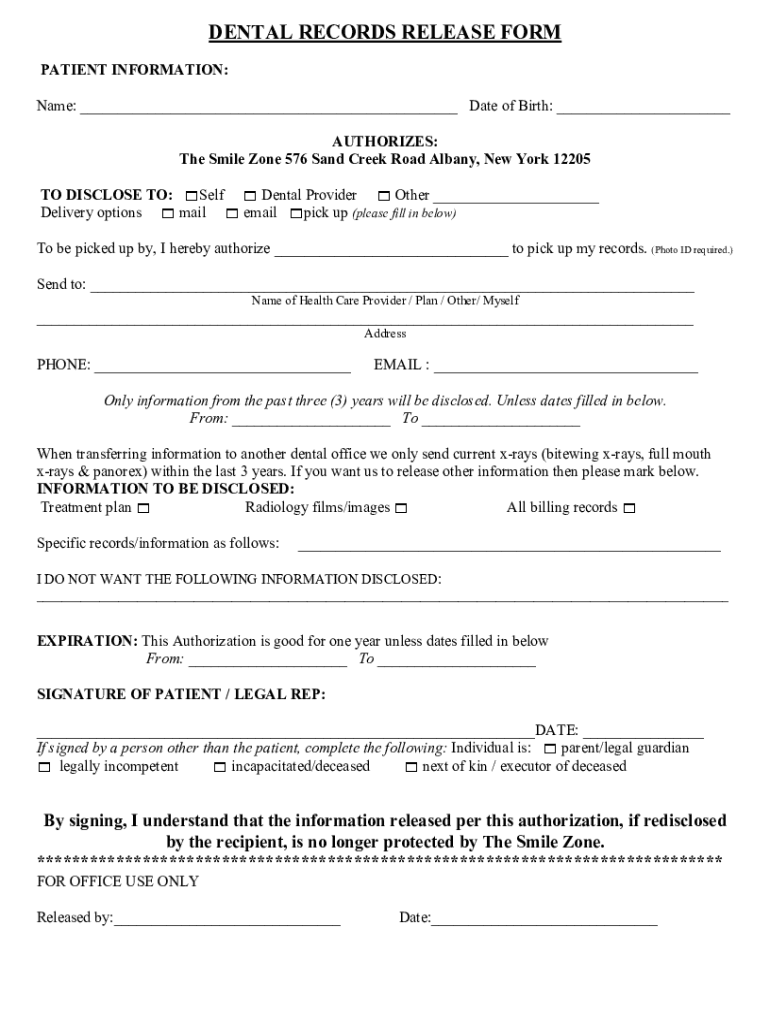 Fillable Online Authorization to Transfer Dental Records Fax Email
