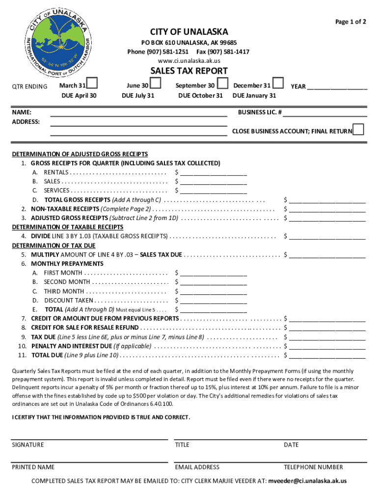 Fillable Online Sales TaxCity of Unalaska International Port of Dutch