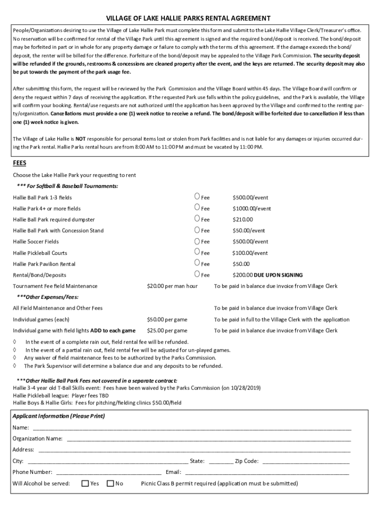 Fillable Online VILLAGE OF LAKE HALLIE PARKS RENTAL AGREEMENT Fax Email