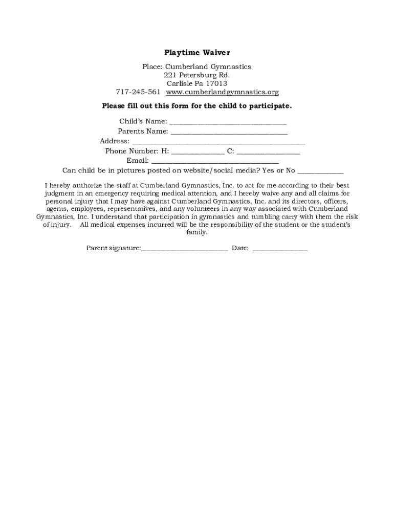 Fillable Online CUMBERLAND GYMNASTICS 221 Petersburg Rd, Fax