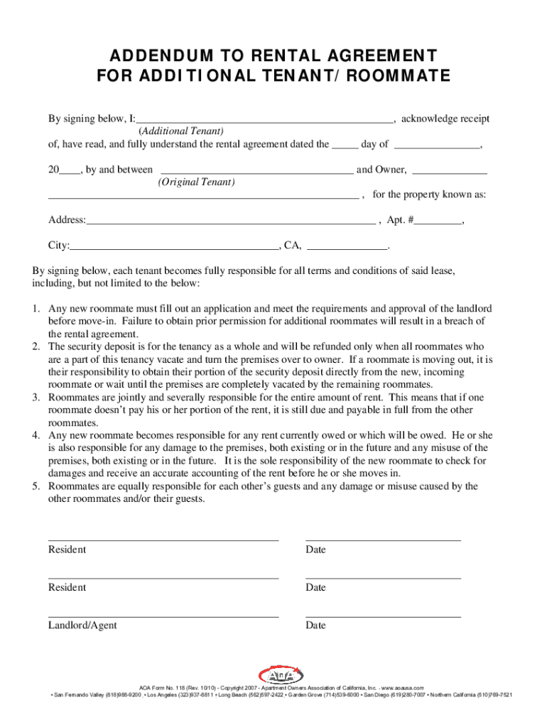 Fillable Online ADDENDUM TO RENTAL AGREEMENT FOR ADDITIONAL Fax