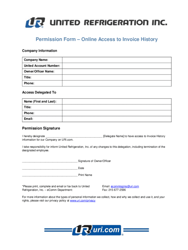 Fillable Online United Refrigeration Inc Invoice History Permission