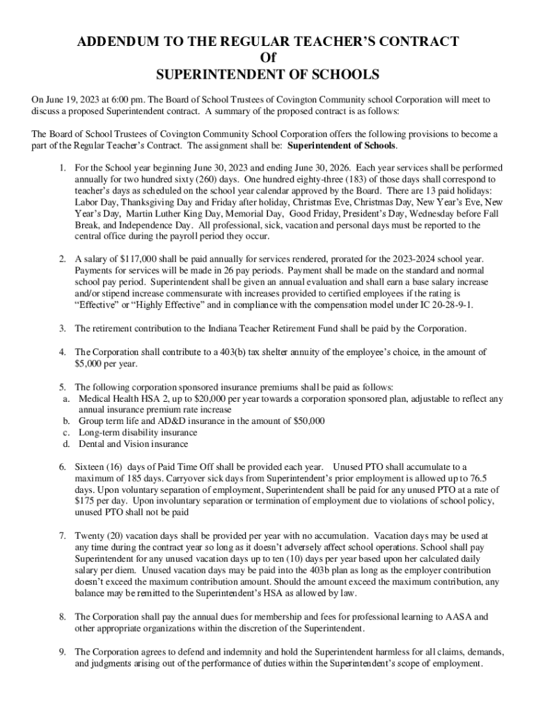 Fillable Online ADDENDUM TO TEACHER'S CONTRACT Superintendent Fax