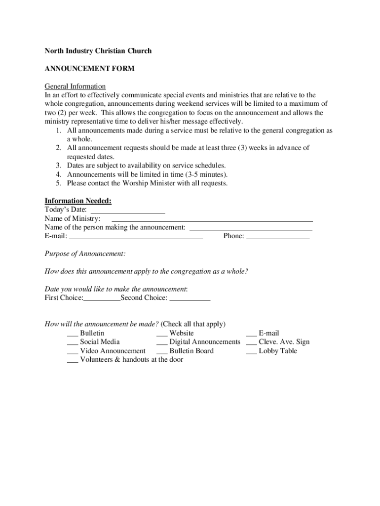 Fillable Online North Industry Christian Church ANNOUNCEMENT FORM Fax