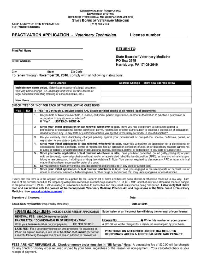 Fillable Online REACTIVATION APPLICATION Veterinarian License number