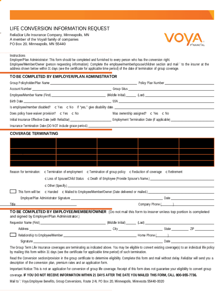 Voya ReliaStar Life Insurance Change Request (PDF) Doc Template