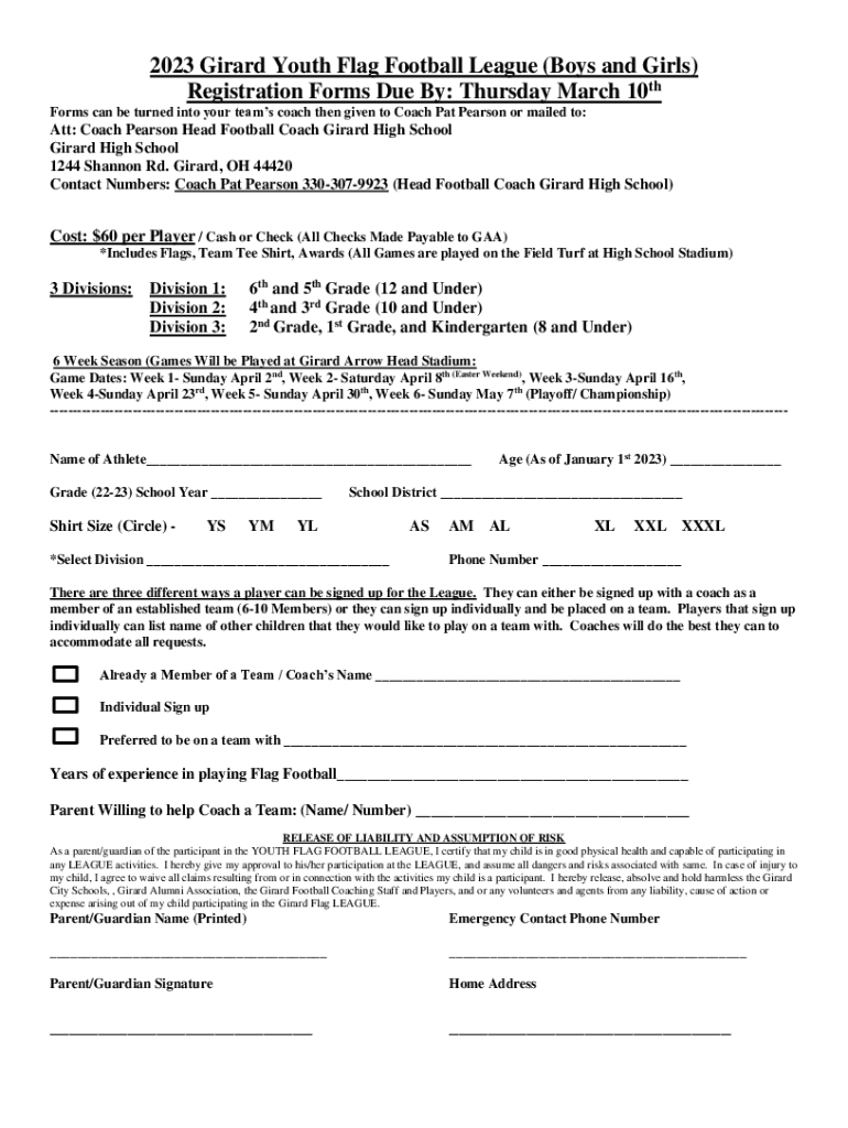 Fillable Online 2023 Girard Youth Flag Football League (Boys and Girls