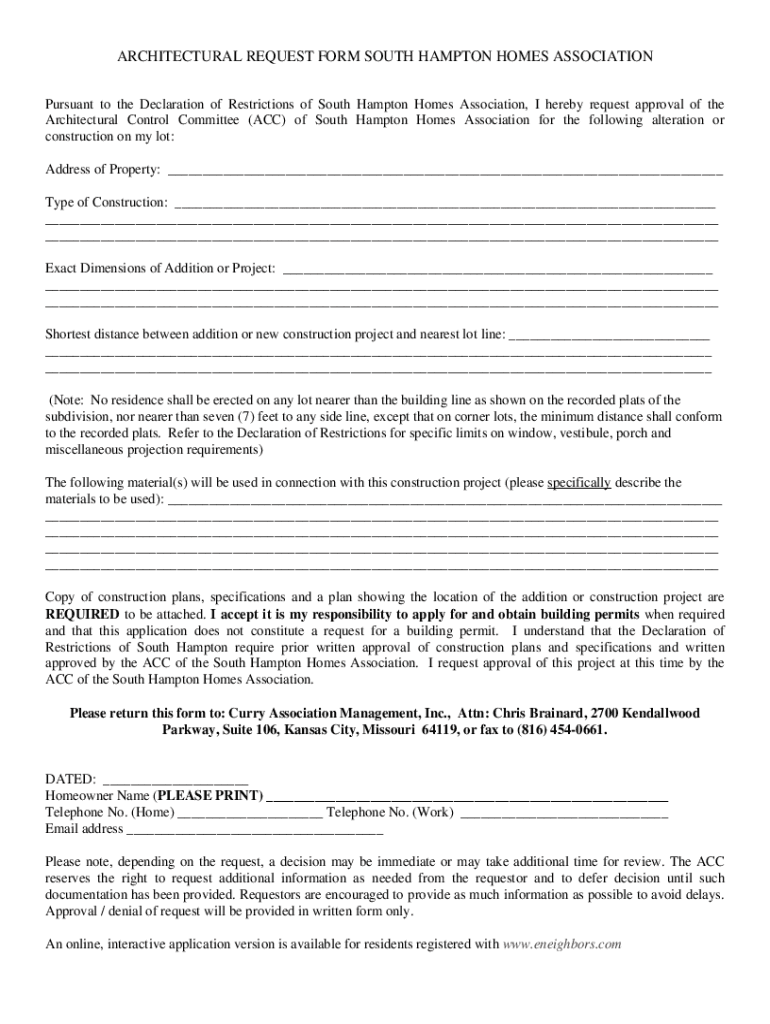 Fillable Online ARCHITECTURAL REQUEST FORM SOUTH HAMPTON HOMES Fax