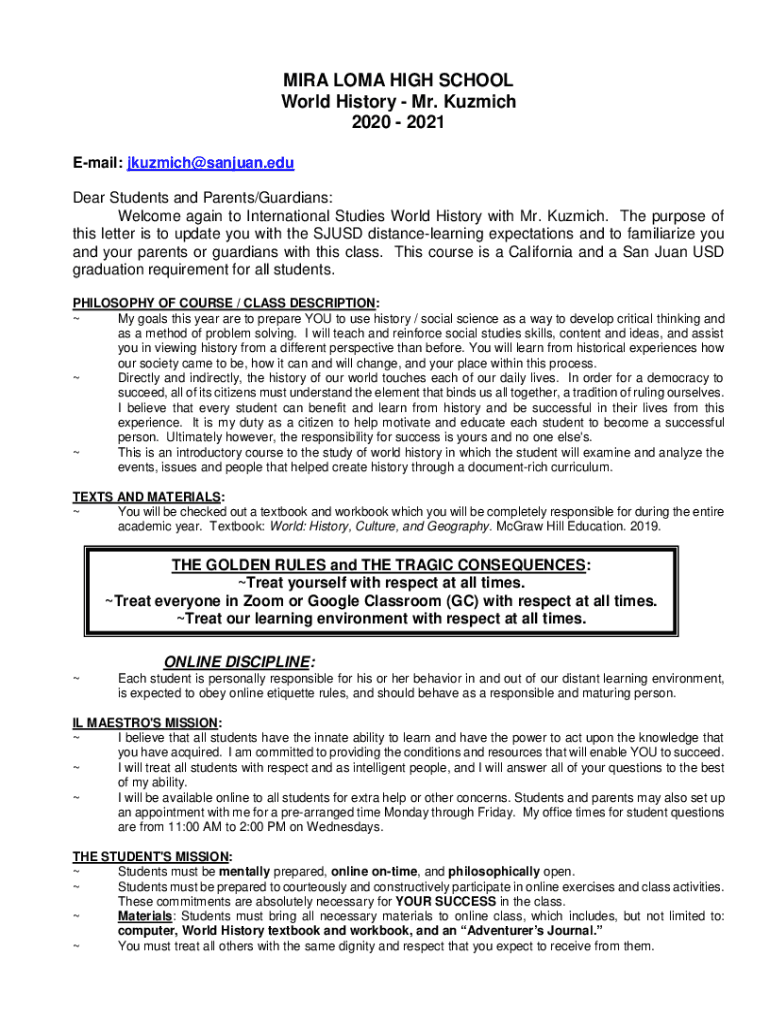 Fillable Online MIRA LOMA HIGH SCHOOL IS World History Fax Email Print