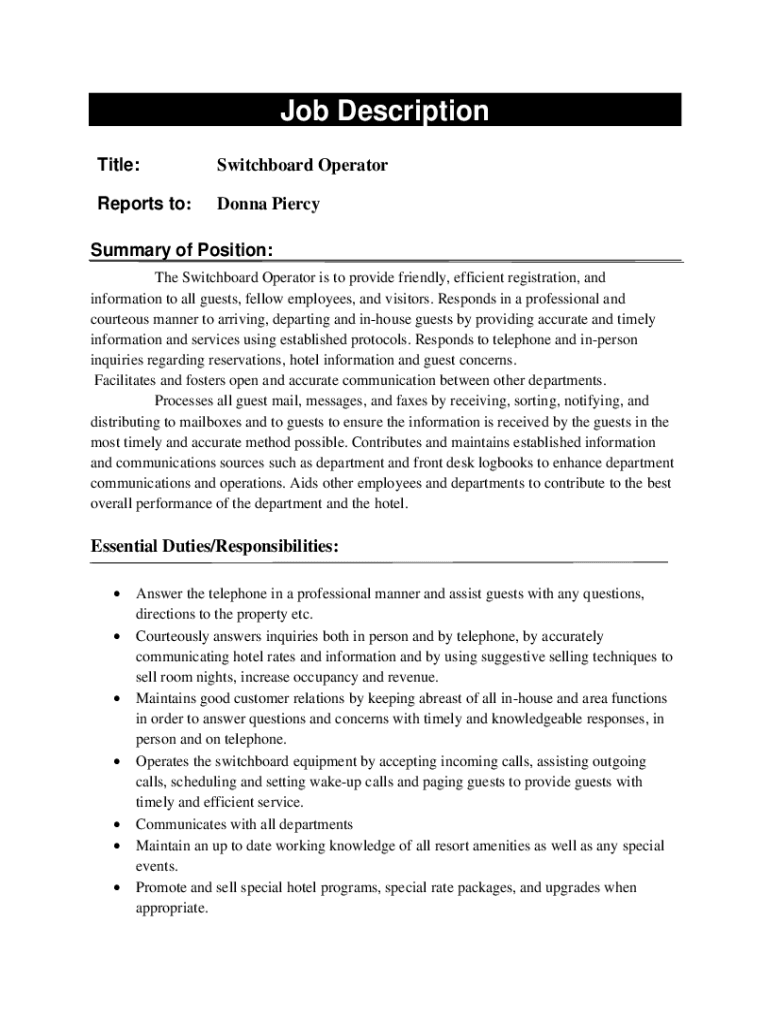 Fillable Online Professional Switchboard Operator Job Description Template Fax Email Print
