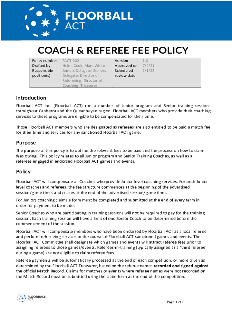 Fillable Online FACT002Coach and Referee Fee Policy Fax Email Print