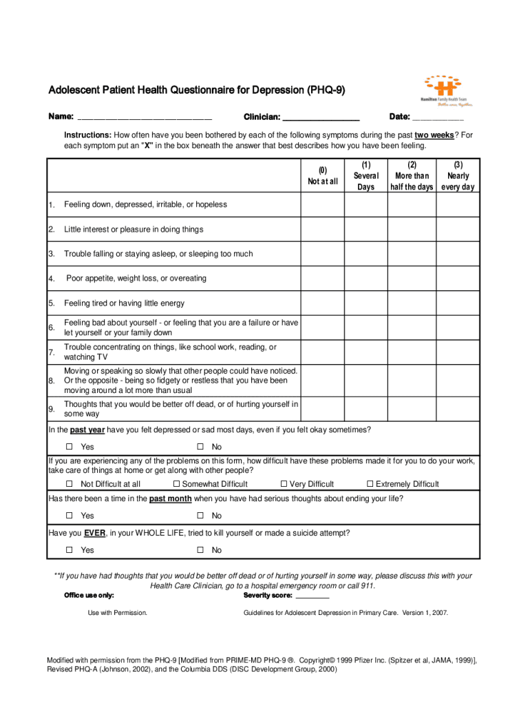 Fillable Online Quick Guide to PRIMEMD Patient Health Questionnaire