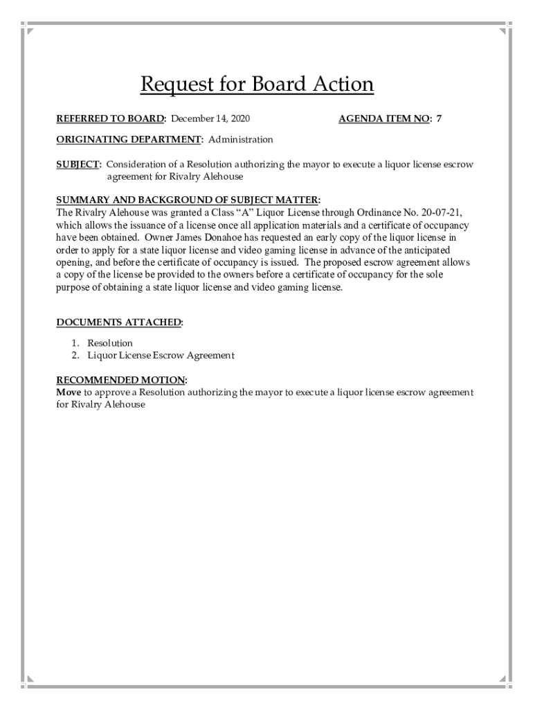 Fillable Online 7a Rivalry Alehouse Liquor License Escrow Agreement Fax Email Print pdfFiller