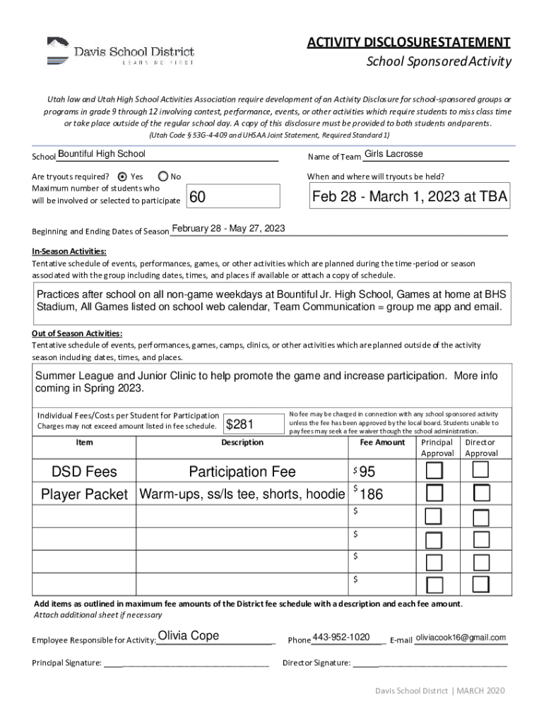 Fillable Online Activity Fee Disclosure Davis High School Fax Email
