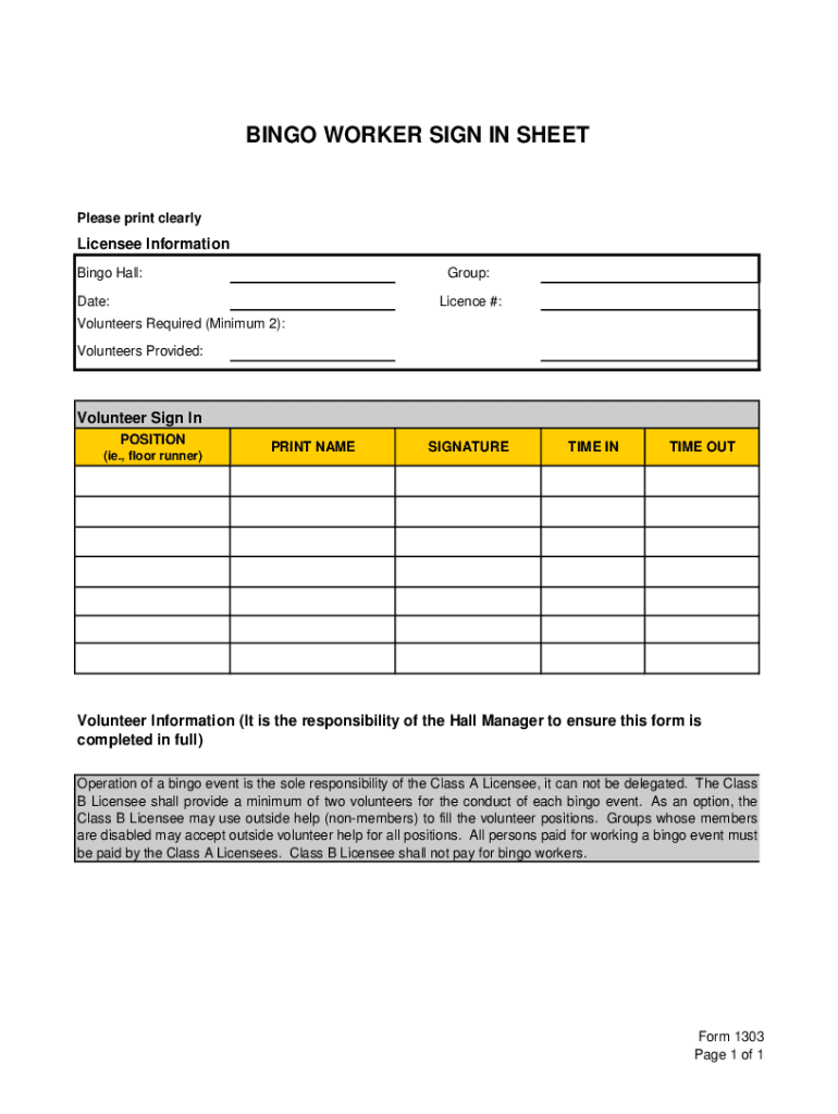 Fillable Online Form 1303 Bingo Worker's Sign in Sheet igr.ca Fax