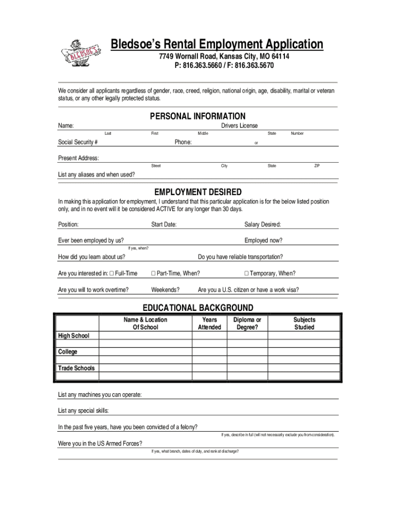 Fillable Online Bledsoe's Rental Employment Application Fax Email Print