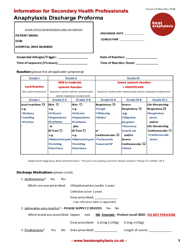 Fillable Online anaesthetic anaphylaxis investigation pack checklist