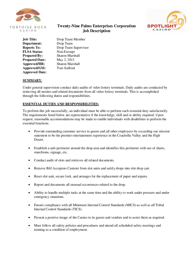 Fillable Online TwentyNine Palms Enterprises Corporation Job